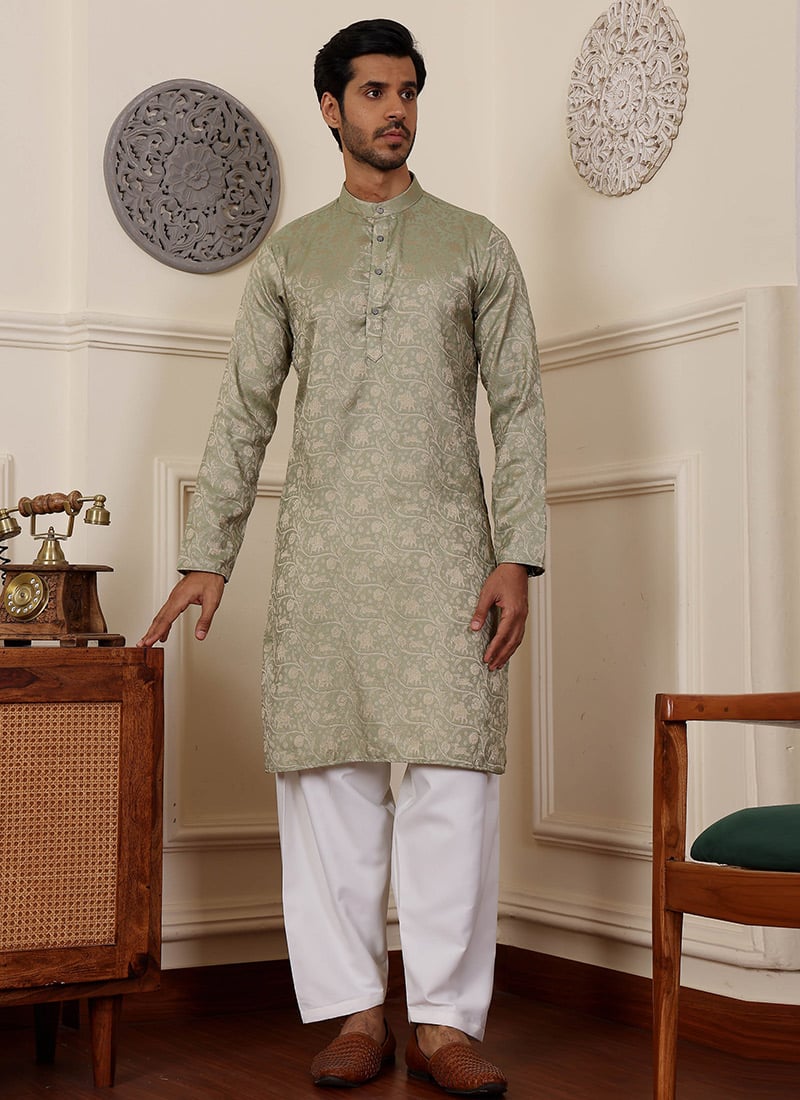 Pista Green Viscose Woven Jacquard Kurta Pyjama Festive Wear