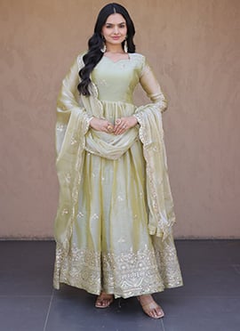 Pista Green Zari Embroidered Sequins Fendi Silk Anarkali Suit