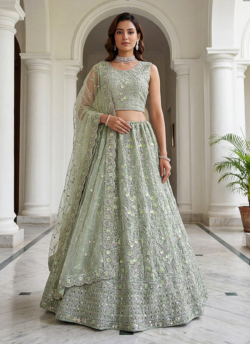 Pista Green Zari Embroidered Sequins Net Lehenga Wedding Wear