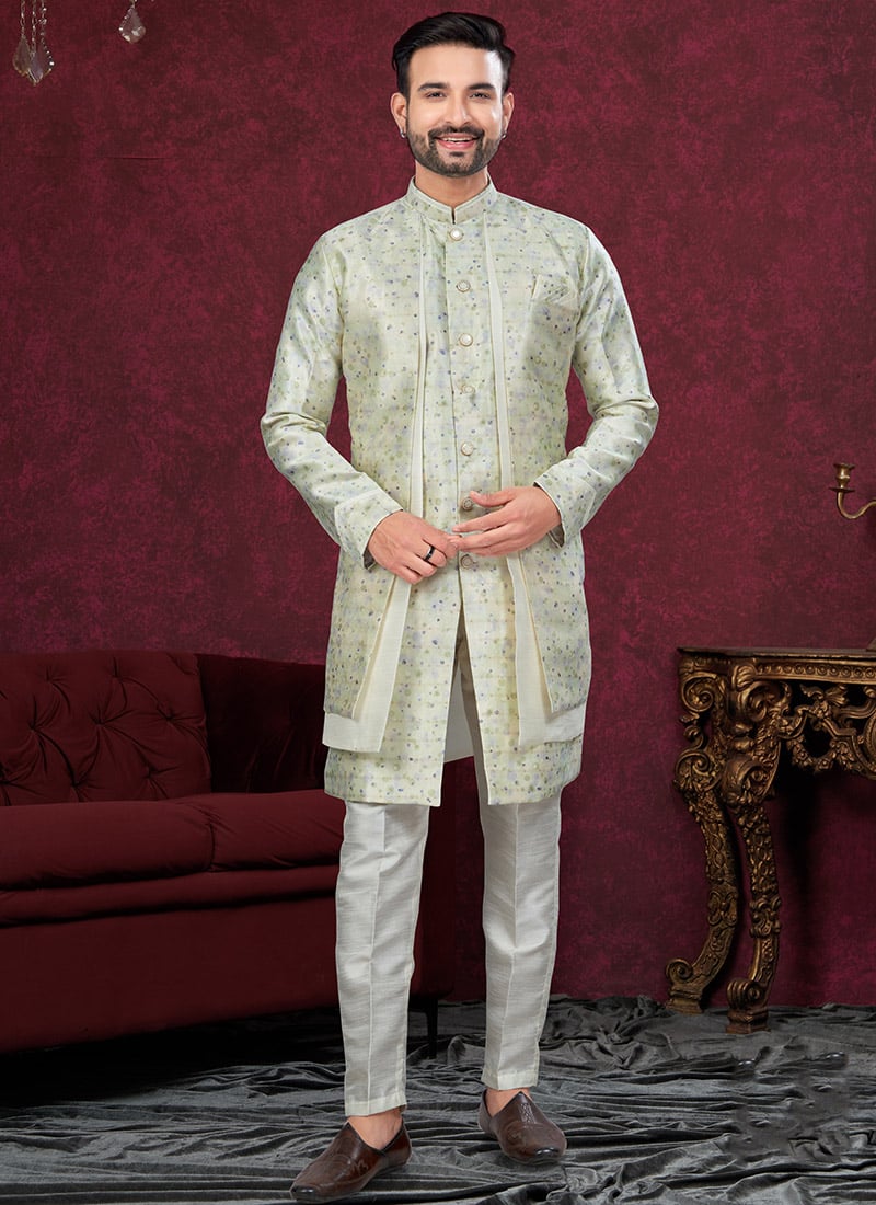 Pista Green Zari Jacqard Banarasi Silk Thread Work Indowestern Sherwani Wedding Wear