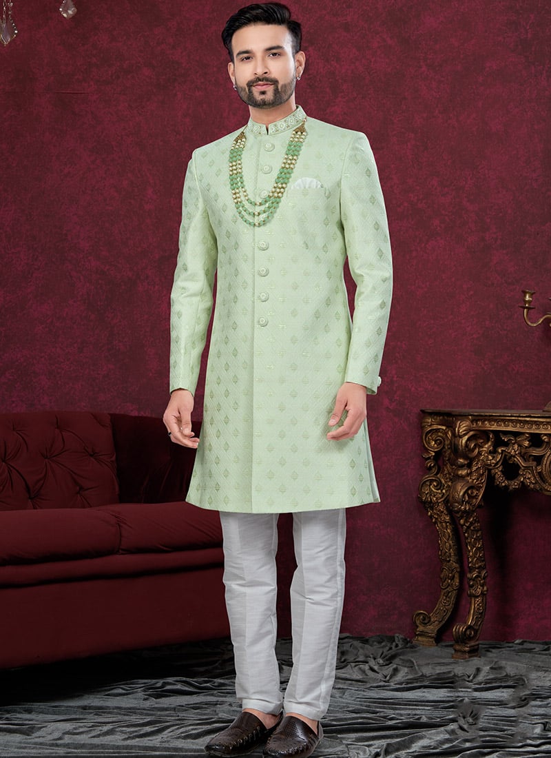 Pista Green Zari Jacquard Embroidered Sequins Indowestern Sherwani Wedding Wear