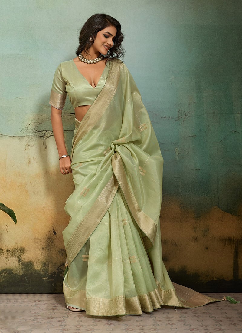 Pista Green Zari Saree Festive Wear