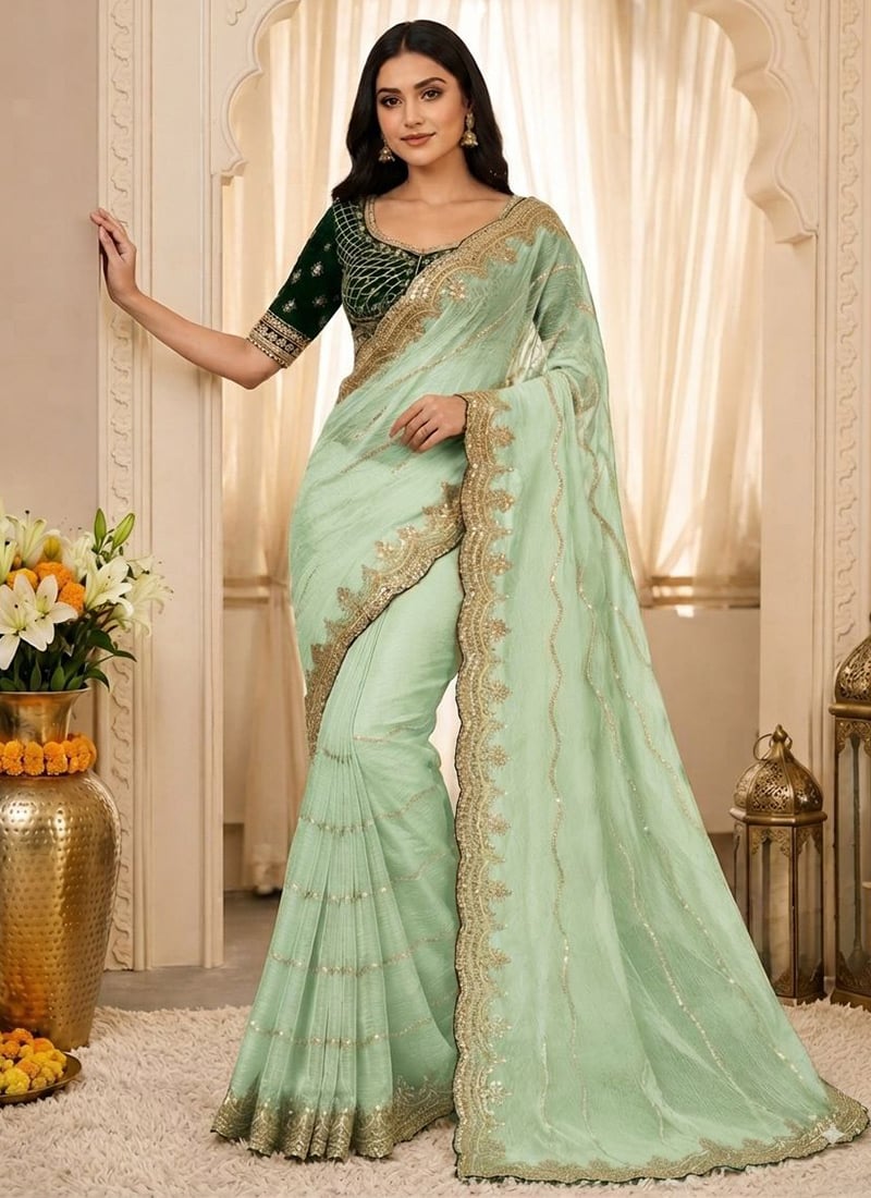 Pista Green Zari Sequins Embroidered Silk Saree Festive Wear