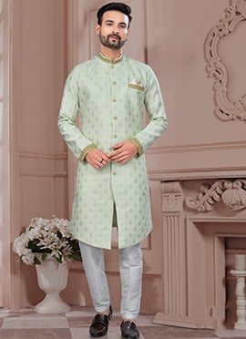 Pista Green Zari Thread Jacquard Silk Sequins Indowestern Sherwani