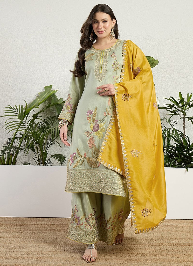 Pista Organza Zari Embroidered Sequins Palazzo Suit Festive Wear