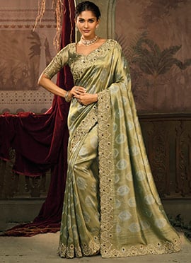 Pista Silk Zari Moti Saree
