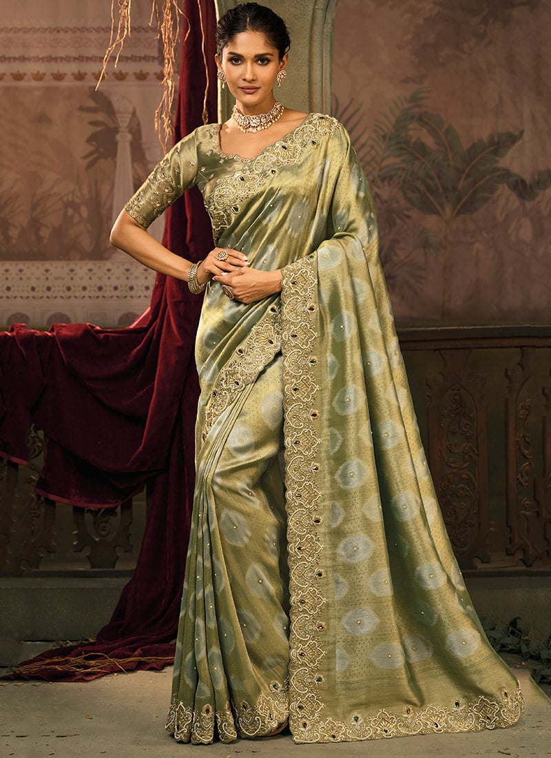 Pista Silk Zari Moti Saree Wedding Wear