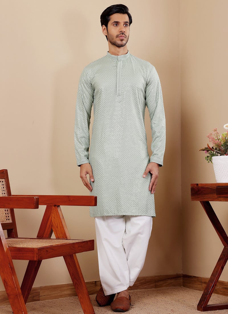 Pista Viscose Chikankari Embroidery Kurta Pyjama Festive Wear