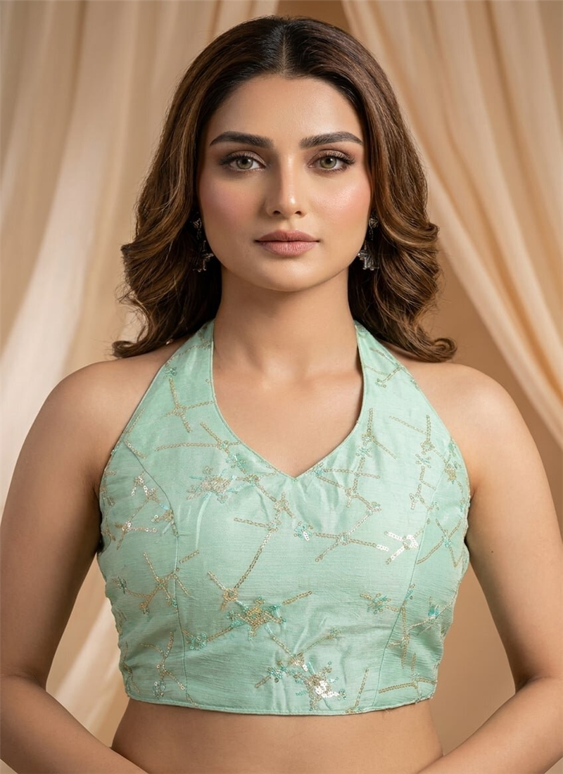 Pistachio Green Embroidered Chinon Stretchable Blo Festive Wear