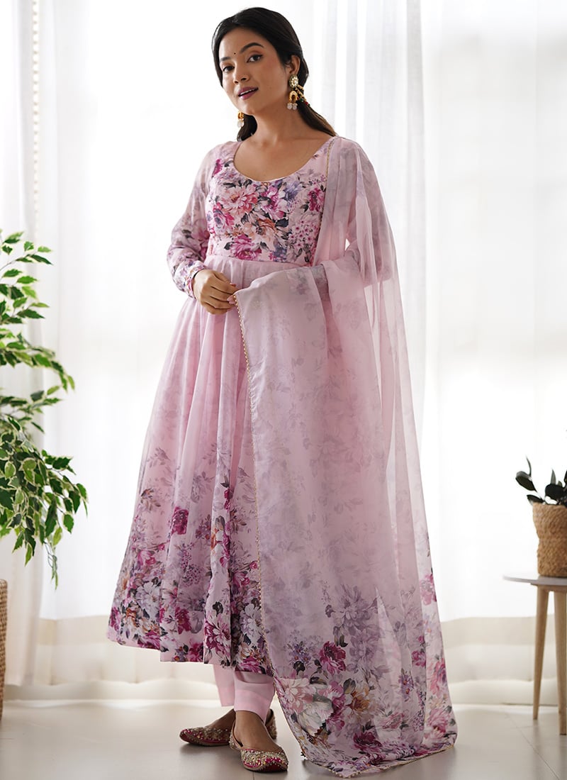 Playful Petals In Pink Soft Organza Floral Digital Print Anarkali Suit After Six Wear