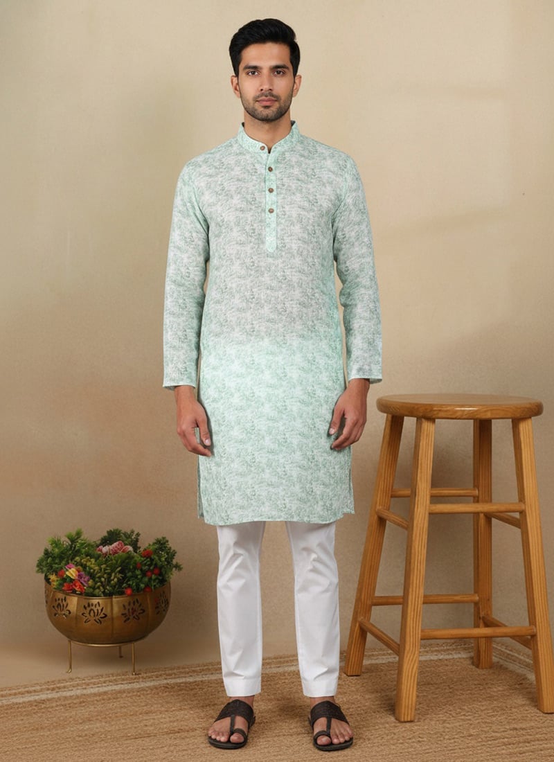 Pleasant Light Green Linen Printed Kurta Pyjama Festive Wear