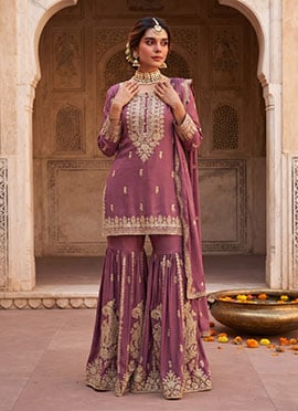 Plum Pink Chinon Hand Embroidered Sharara Suit