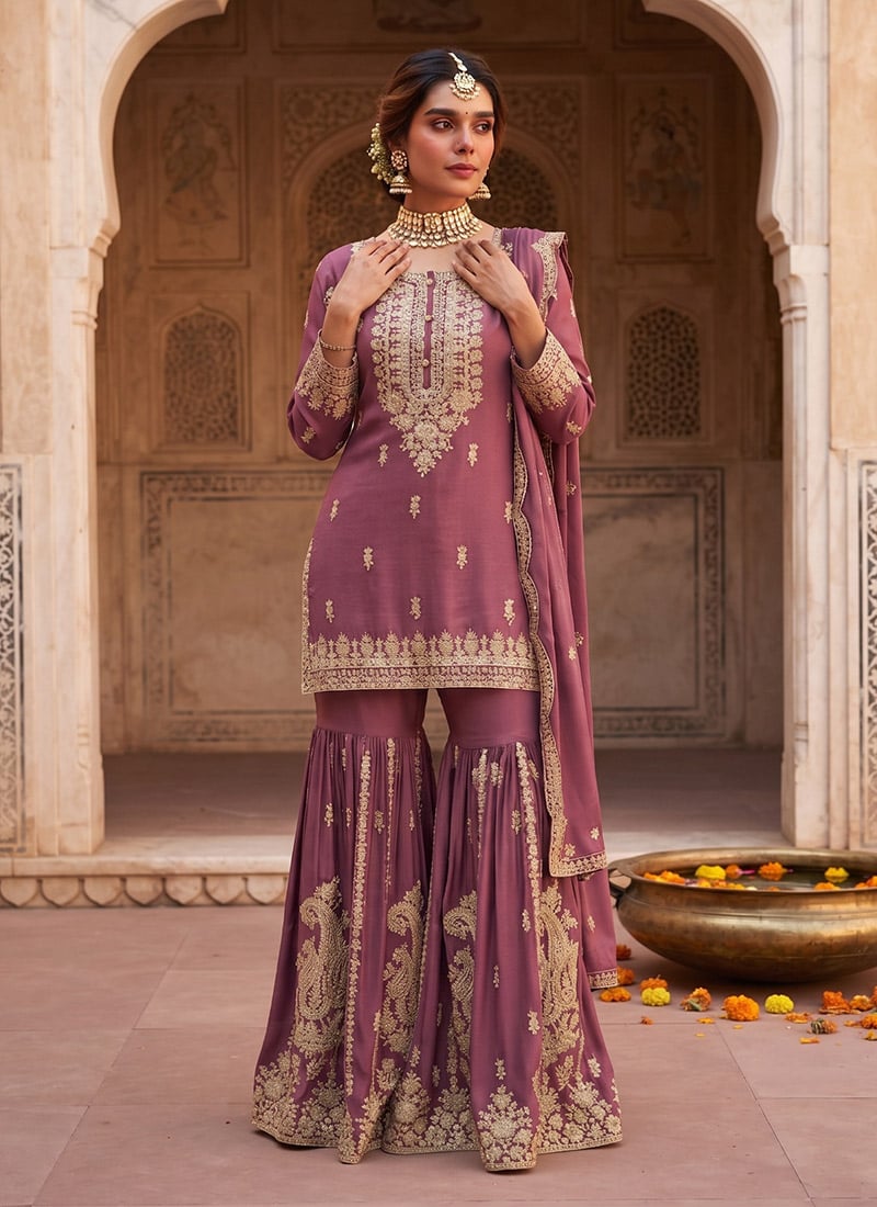 Plum Pink Chinon Hand Embroidered Sharara Suit Festive Wear