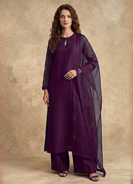 Plum Purple Silk Stone Work Palazzo Suit