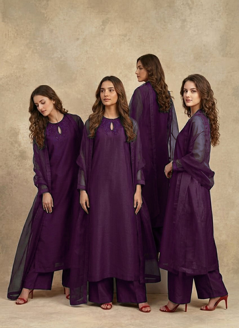 Plum Purple Silk Stone Work Palazzo Suit After Six Wear
