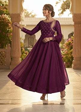 Plum Purple Zari Beads Embroidered Silk Anarkali Suit
