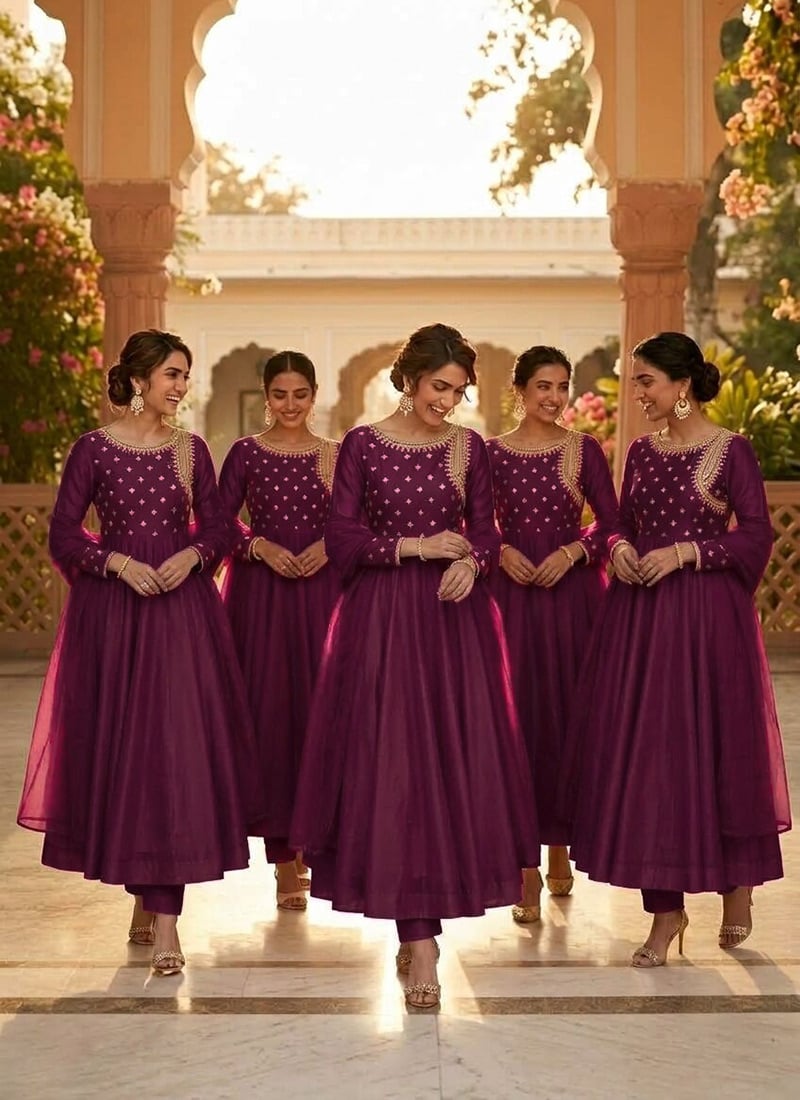 Plum Purple Zari Beads Embroidered Silk Anarkali Suit Festive Wear