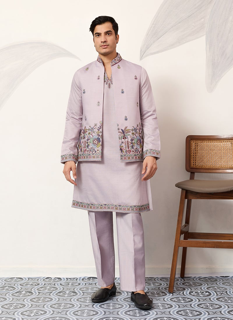 Poised Dusty Lavender Viscose Silk Embroidered Sequins Thread Bandi Set Wedding Wear