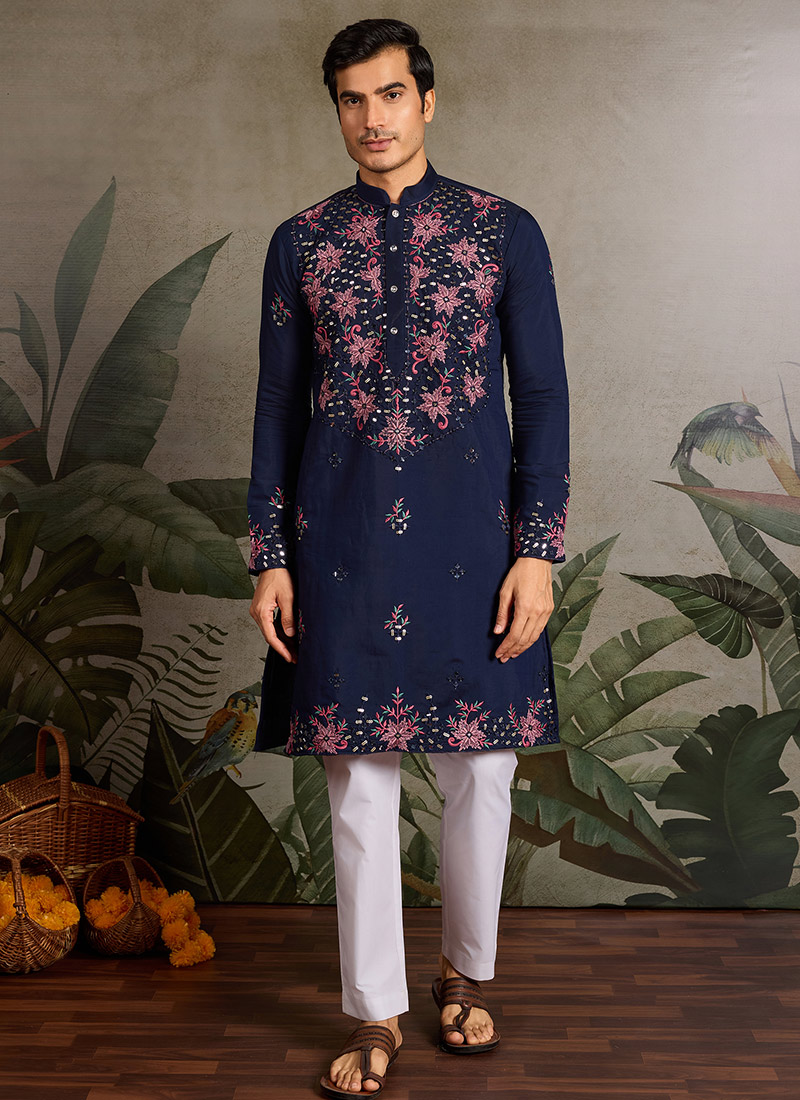 Polished Navy Blue Cotton Embroidered Sequins Thread Kurta