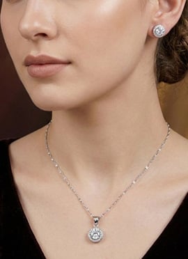 Polished Silver American Diamond Stone Pendant Set