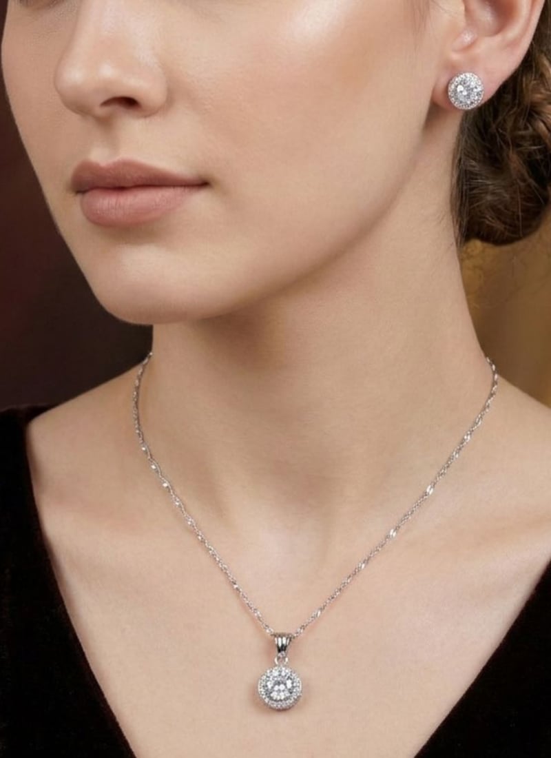 Polished Silver American Diamond Stone Pendant Set Festive Wear