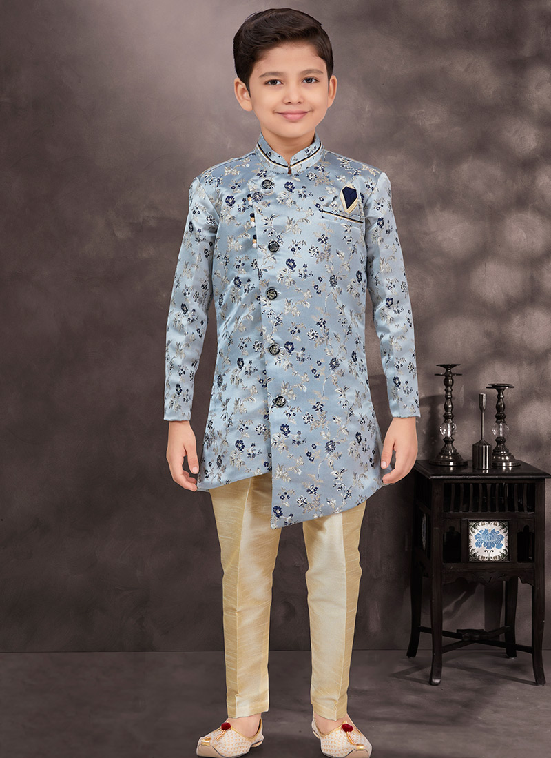 Powder Blue Banarasi Jacquard Indowestern Sherwani Classic Wedding Wear