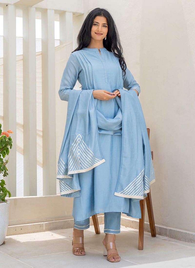 Powder Blue Chiffon Crepe Gota Straight Pant Suit