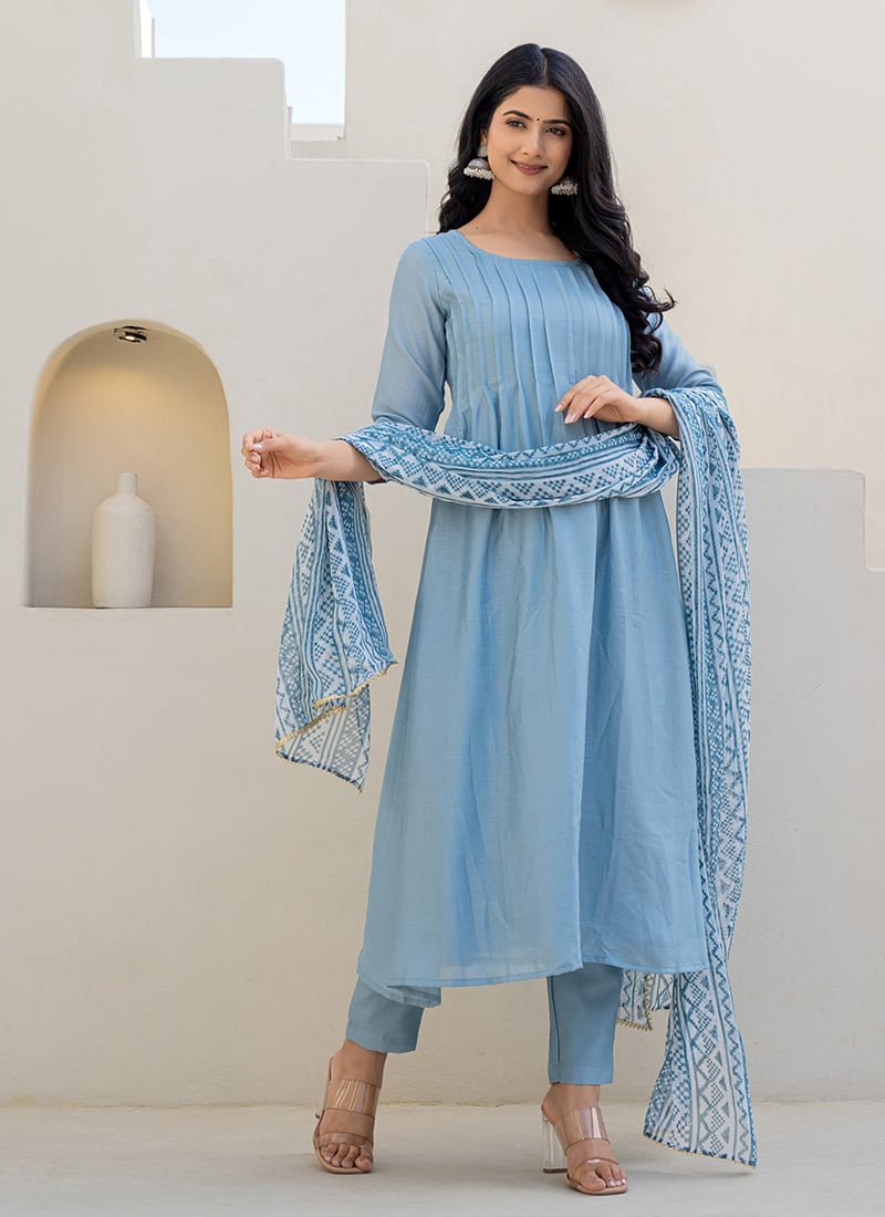 Powder Blue Chiffon Crepe Printed Straight Pant Suit