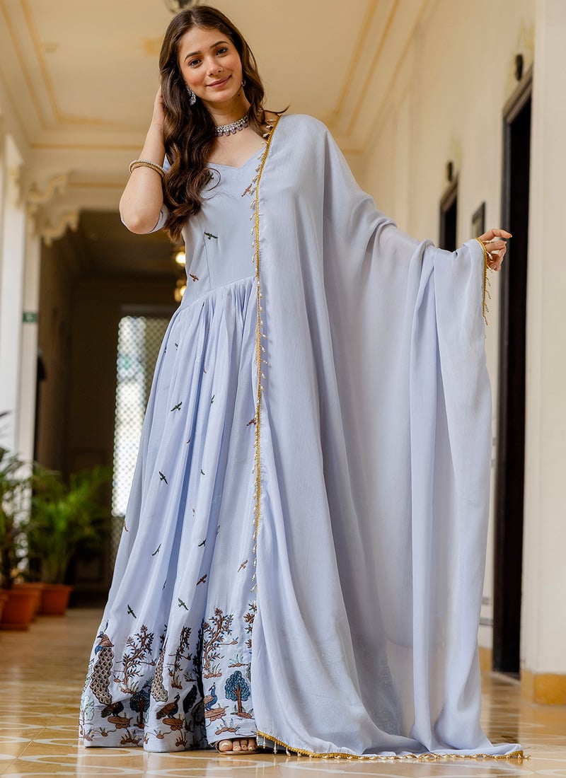 Powder Blue Faux Georgette Embroidered Floor Length Anarkali Suit Festive Wear