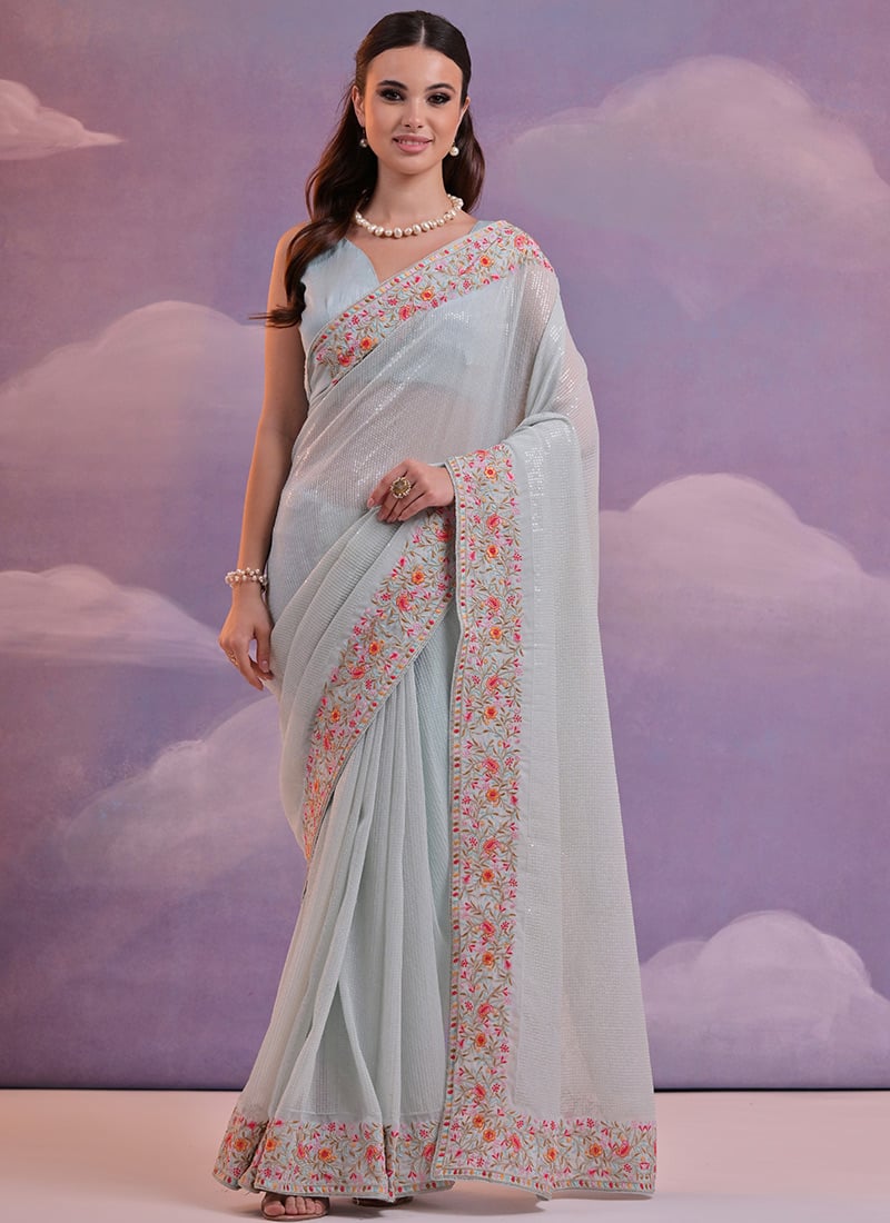 Powder Blue Faux Georgette Saree With Embroidery And Sequins After Six Wear