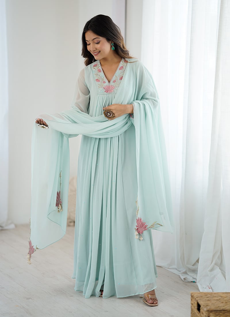 Powder Blue Faux Georgette Thread Embroidered Sequins Anarkali Suit After Six Wear