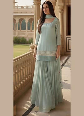 Powder Blue Faux Georgette Zari Beads Hand Embroidered Sharara Suit