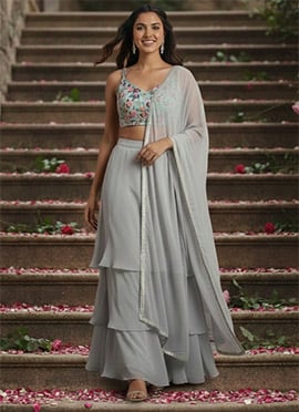 Powder Blue Georgette Beads Sequins Hand Embroidered A Line Lehenga