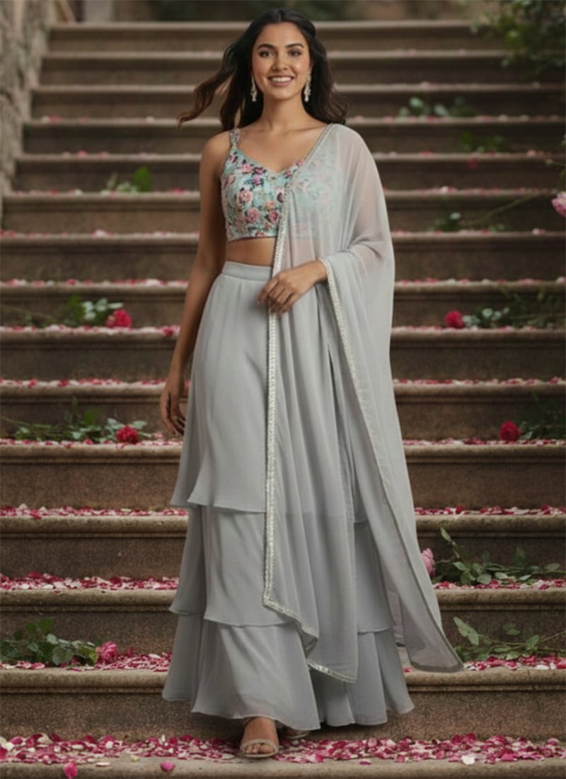 Powder Blue Georgette Beads Sequins Hand Embroidered A Line Lehenga Wedding Wear