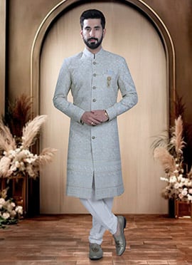 Powder Blue Georgette Embroidered Sequins Indowestern Sherwani  For Men