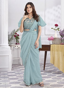 Powder Blue Georgette Embroidered Sequins Pre Draped Elegant Saree