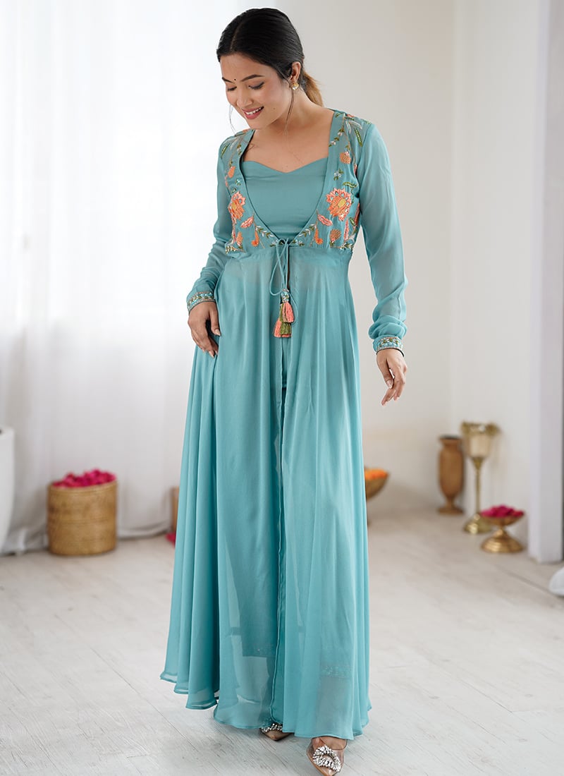 Powder Blue Georgette Hand Embroidered Jacket Co ord Set After Six Wear