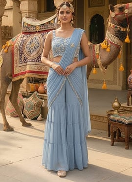 Powder Blue Georgette Hand Embroidered Sequins With Beads Work Pre Draped Sharara Saree