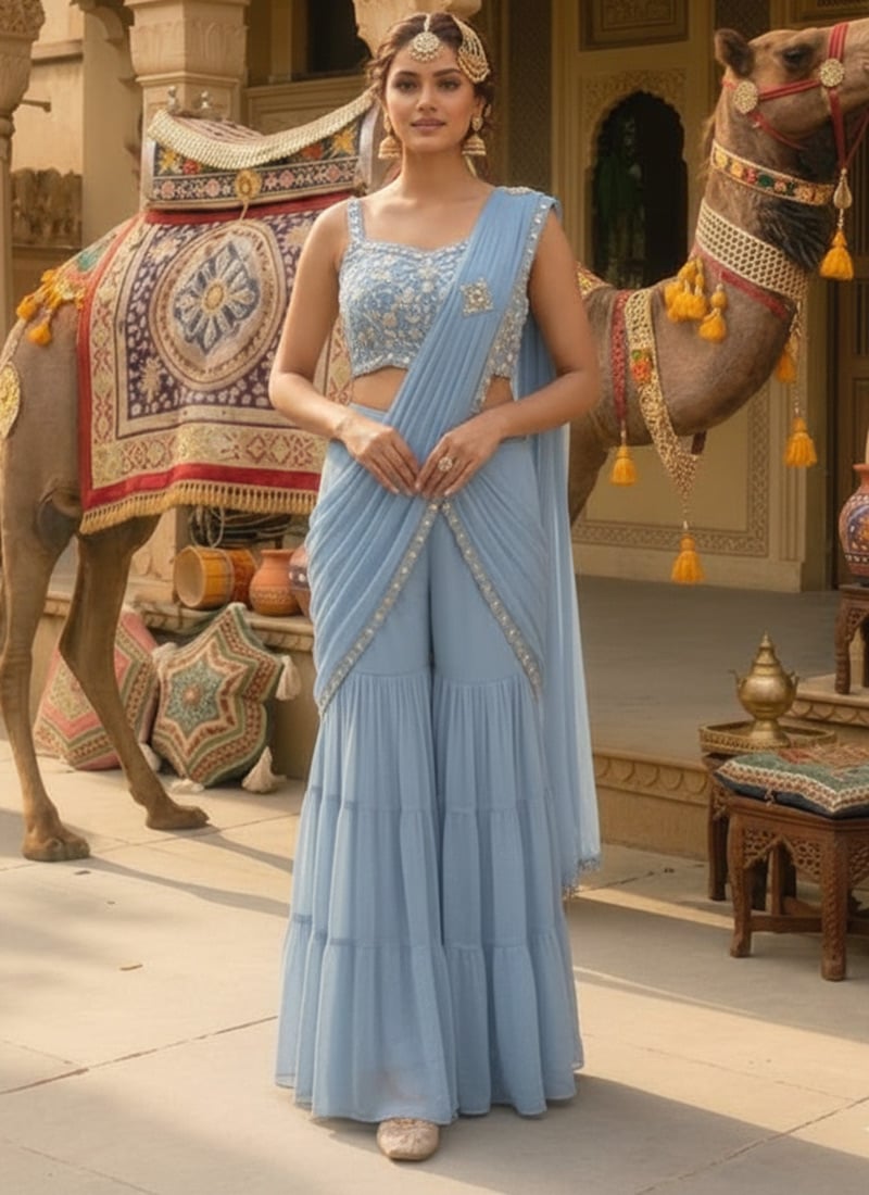 Powder Blue Georgette Hand Embroidered Sequins With Beads Work Pre Draped Sharara Saree Wedding Wear