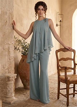 Powder Blue Georgette Sequins Indowestern Palazzo Set