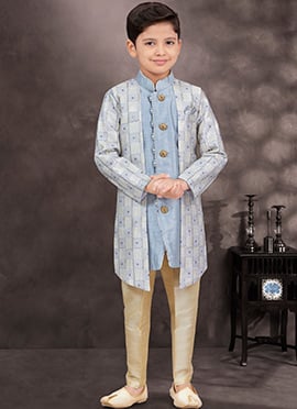 Powder Blue Jacquard Banarasi Silk Thread Work IndowesternSherwani Perfect For