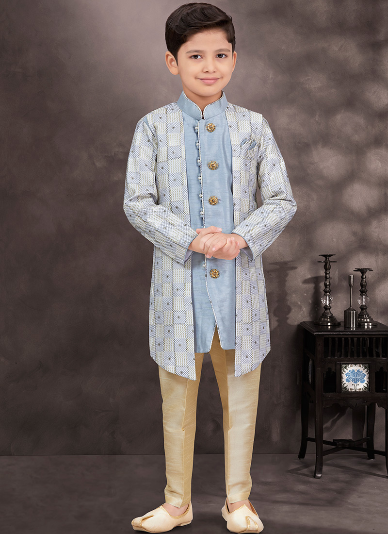 Powder Blue Jacquard Banarasi Silk Thread Work IndowesternSherwani Perfect For Wedding Wear