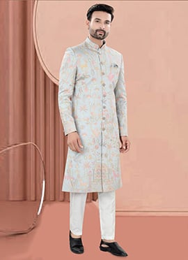 Powder Blue Jacquard Silk Embroidered Sequins Indowestern Sherwani