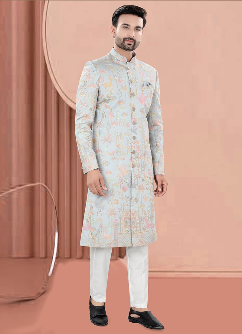 Powder Blue Jacquard Silk Embroidered Sequins Indowestern Sherwani Wedding Wear