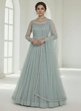 Powder Blue Net Anarkali Suit With Hand Embroidery