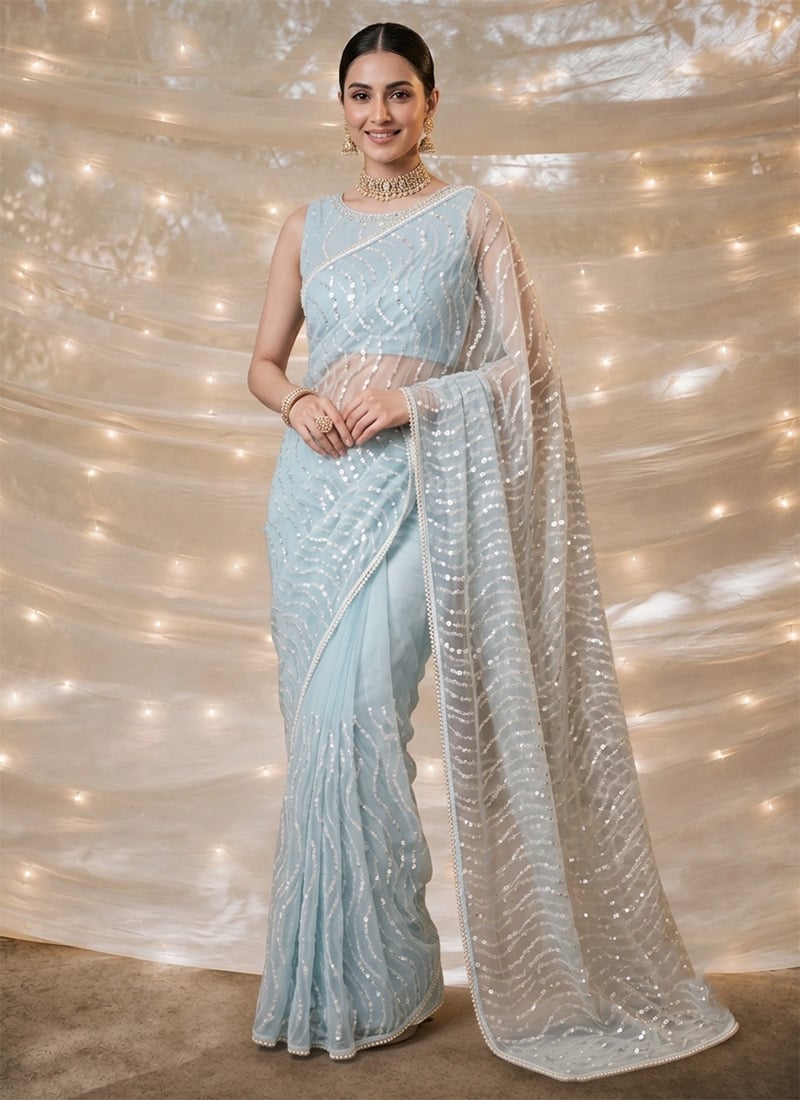 Powder Blue Net Beads Embroidered Sequins Saree Wedding Wear