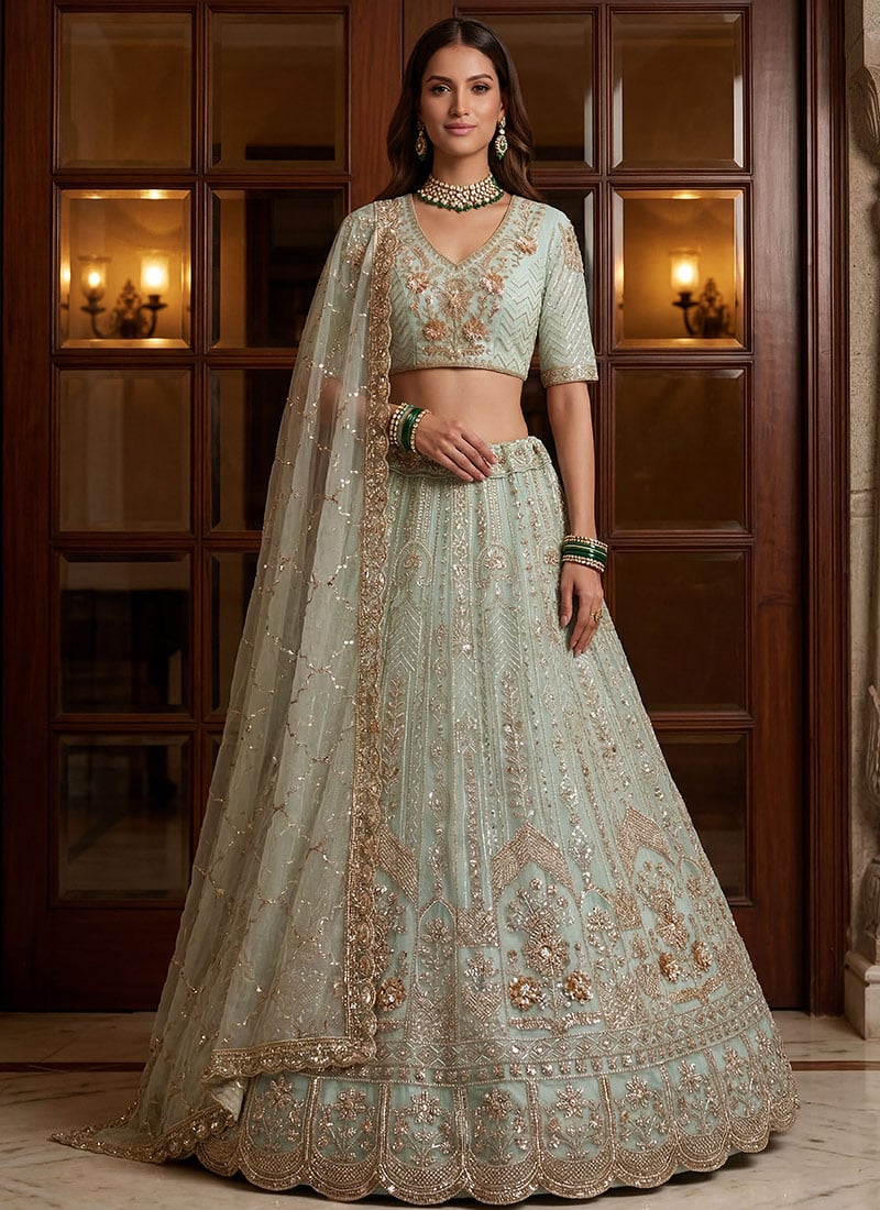 Powder Blue Net Zari Embroidered Sequins With Stone Work Lehenga Wedding Wear