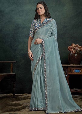 Powder Blue Paper Silk Moti Hand Embroidered Saree