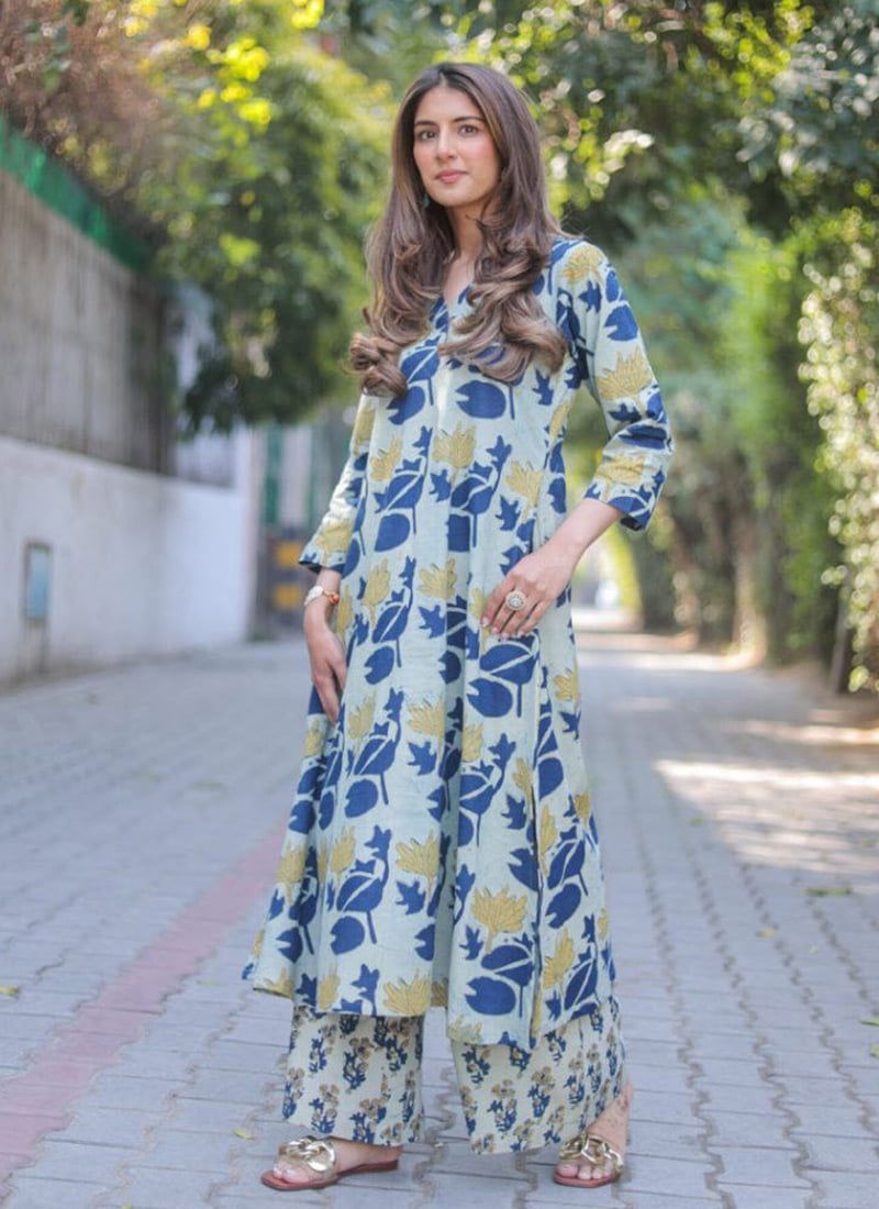 Powder Blue Rayon Floral Digital Print Kurta Palazzo Set