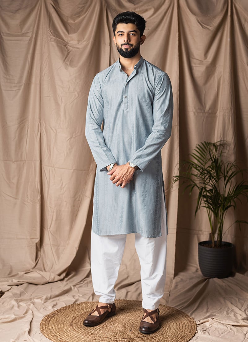 Powder Blue Rayon Thread Embroidered Sequins Kurta Pyjama Festive Wear